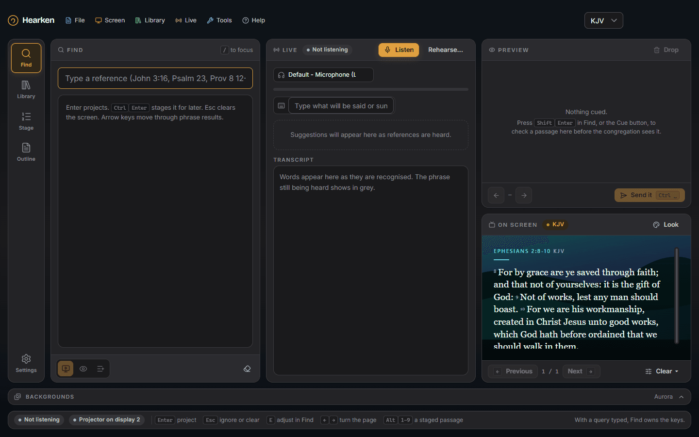 Hearken desktop with scripture search, private preview and audience output