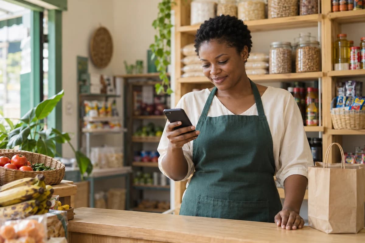 Shop owner using a phone, featured on NairaMove’s website